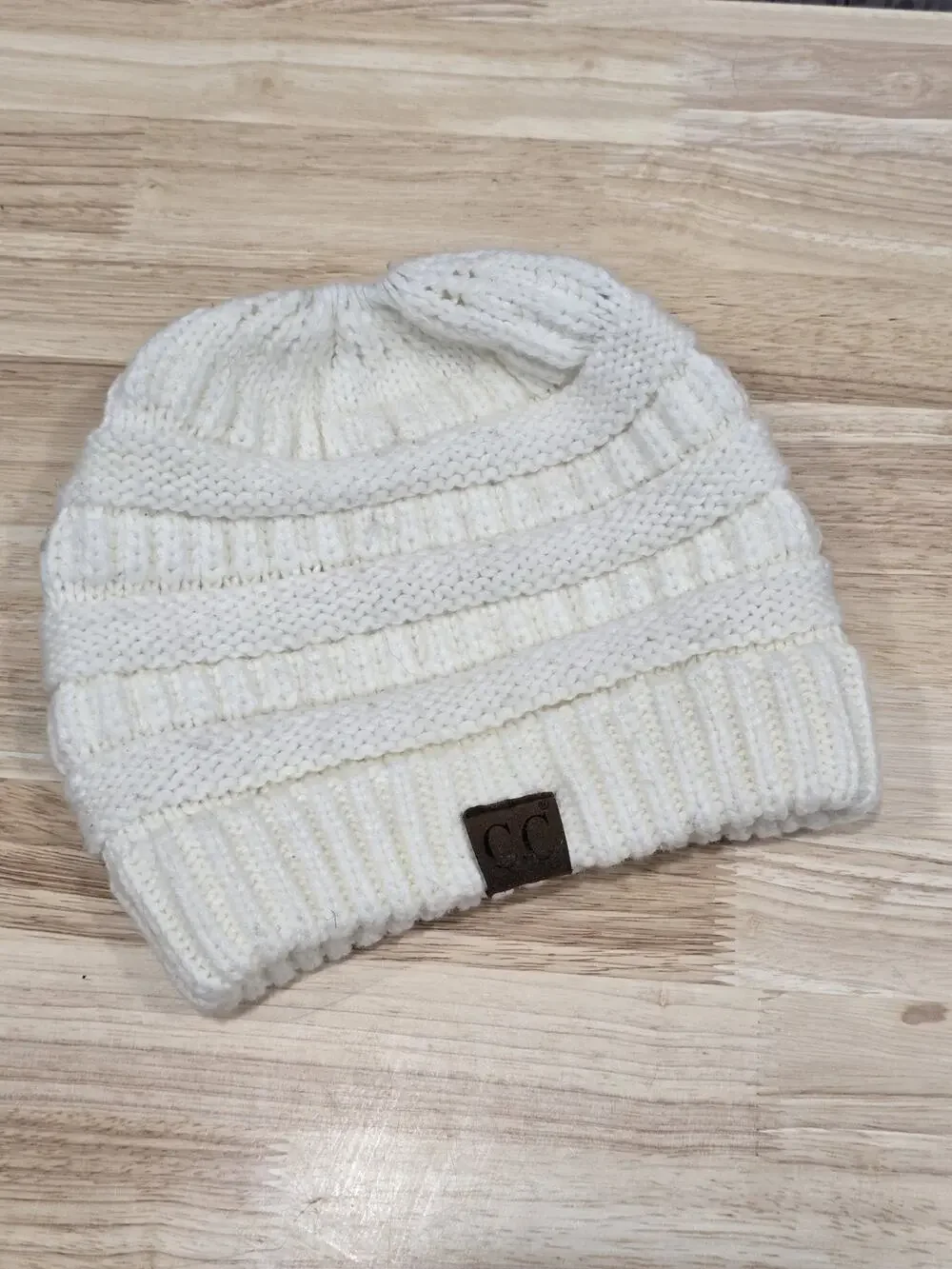 C.C Exclusive CC Beanie tail Ponytail Messy Bun Solid Ribbed Knit Beanie Hat